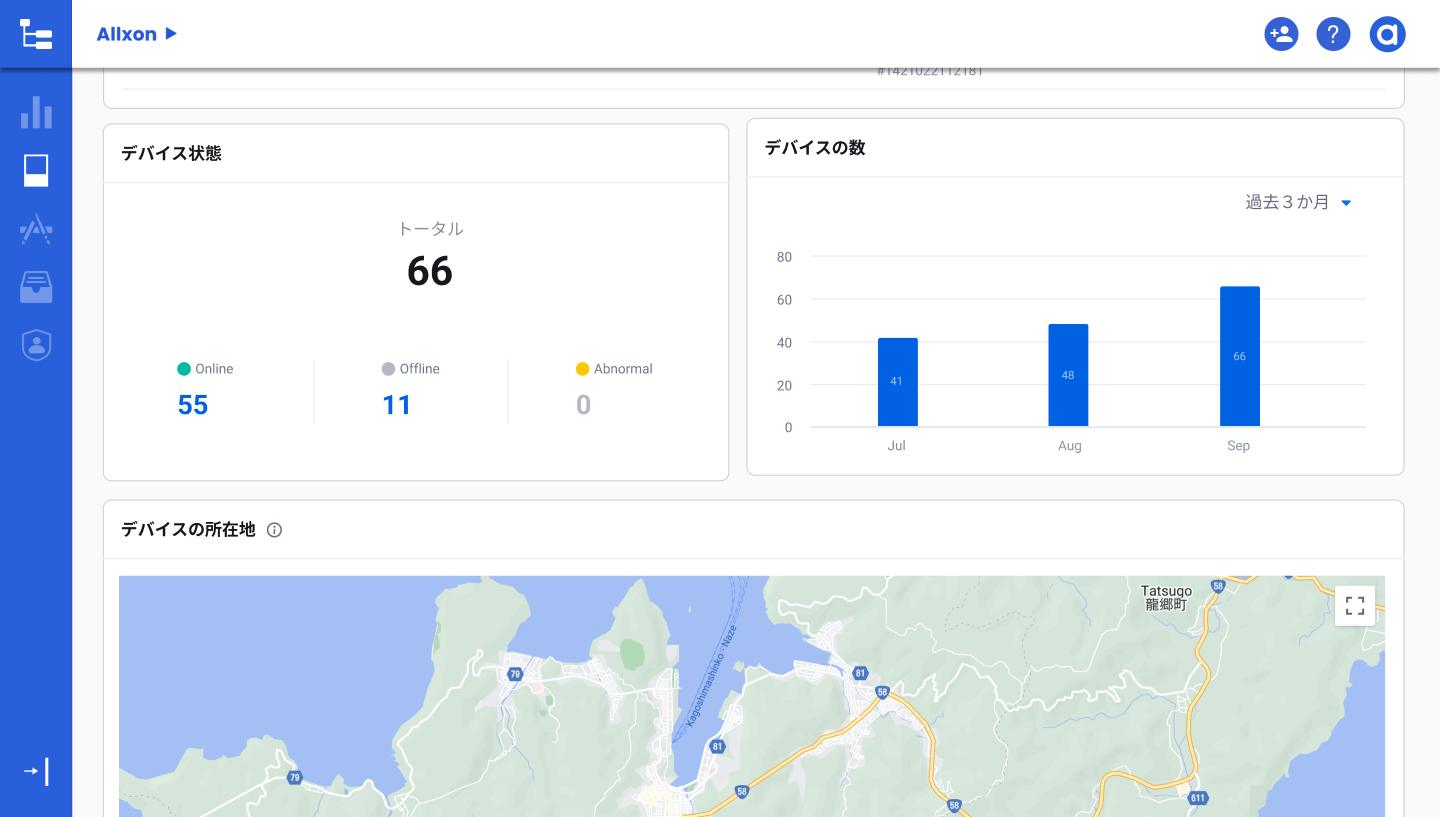 ダッシュボード画面（接続してるデバイス全体の状態把握が可能）