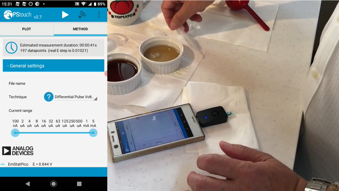 PalmSens smartphone-connected electrochemical measurement module &quot;Sensit smart&quot; Coffee analysis