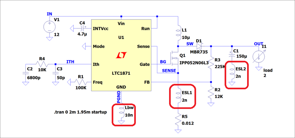 図3：寄生インダクタンスを追加した昇圧コンバーター回路