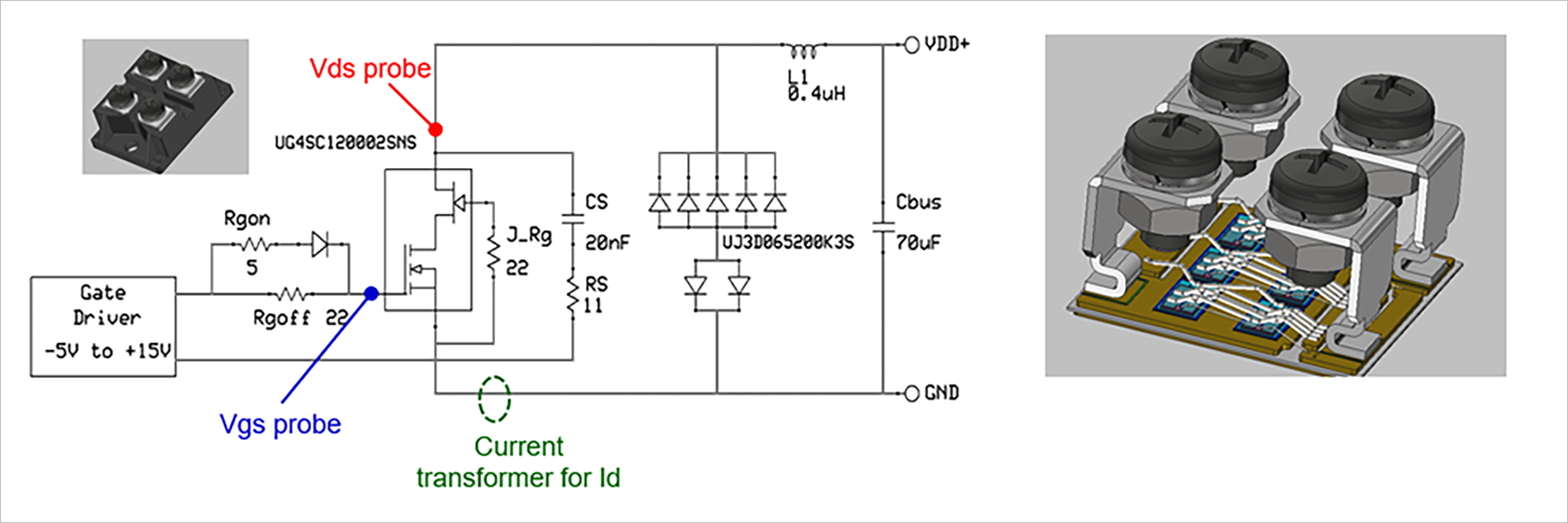 図11：6つの9mΩ、1200Vデバイスが並列接続されたSOT-227フットプリントのデュアルゲートモジュールを使用してスイッチが形成されたソリッドステートサーキットブレーカーテスト回路の回路図。