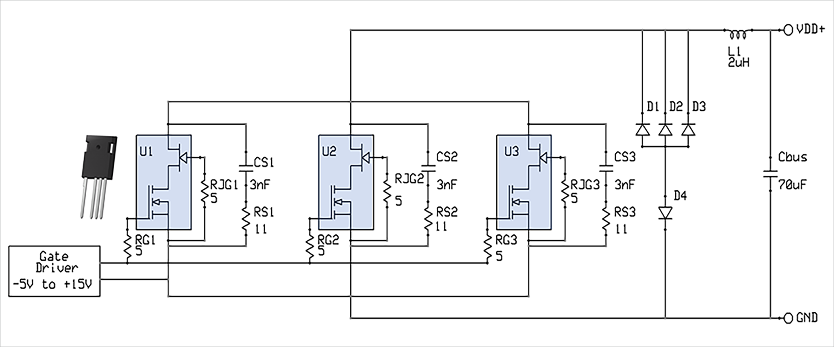 図7：3つのデュアルゲートSiC FETを並列接続してスイッチを形成したソリッドステートサーキットブレーカーテスト回路の回路図