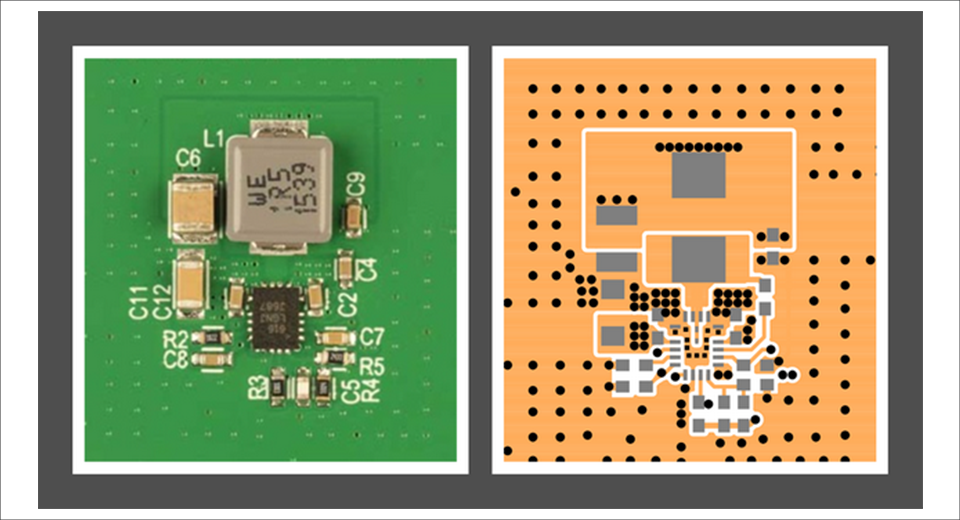 図2：LT8640のデモボード写真と1層目のレイアウト図
