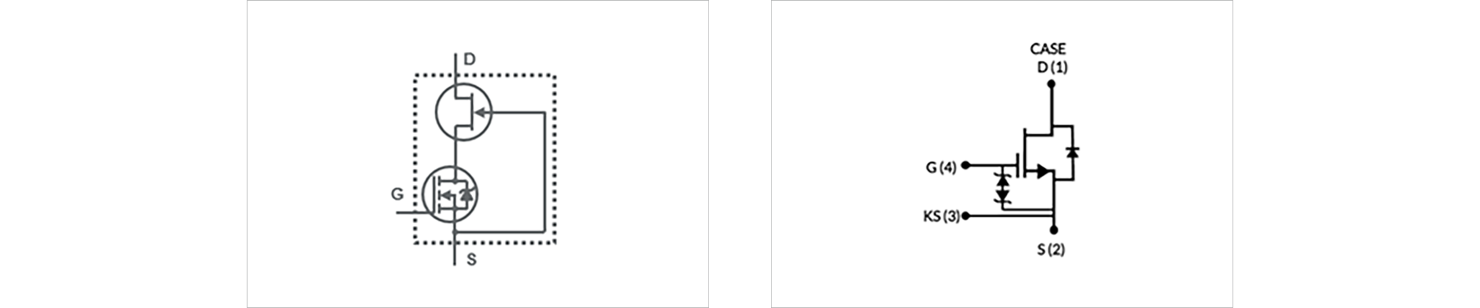 Figure 4. Basic cascode configuration with Si MOSFET drain connected to SiC JFET source (left). Cascode configuration with back-to-back diodes from Si MOSFET gate to source pad (right).