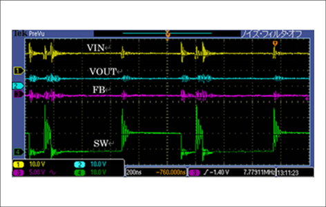 観測波形　①VIN電圧　②VOUT電圧　③FBピン電圧　④SWピン電圧