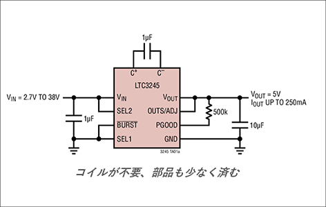 チャージポンプはスイッチングコンバーターと比べて回路構成が圧倒的にシンプル。