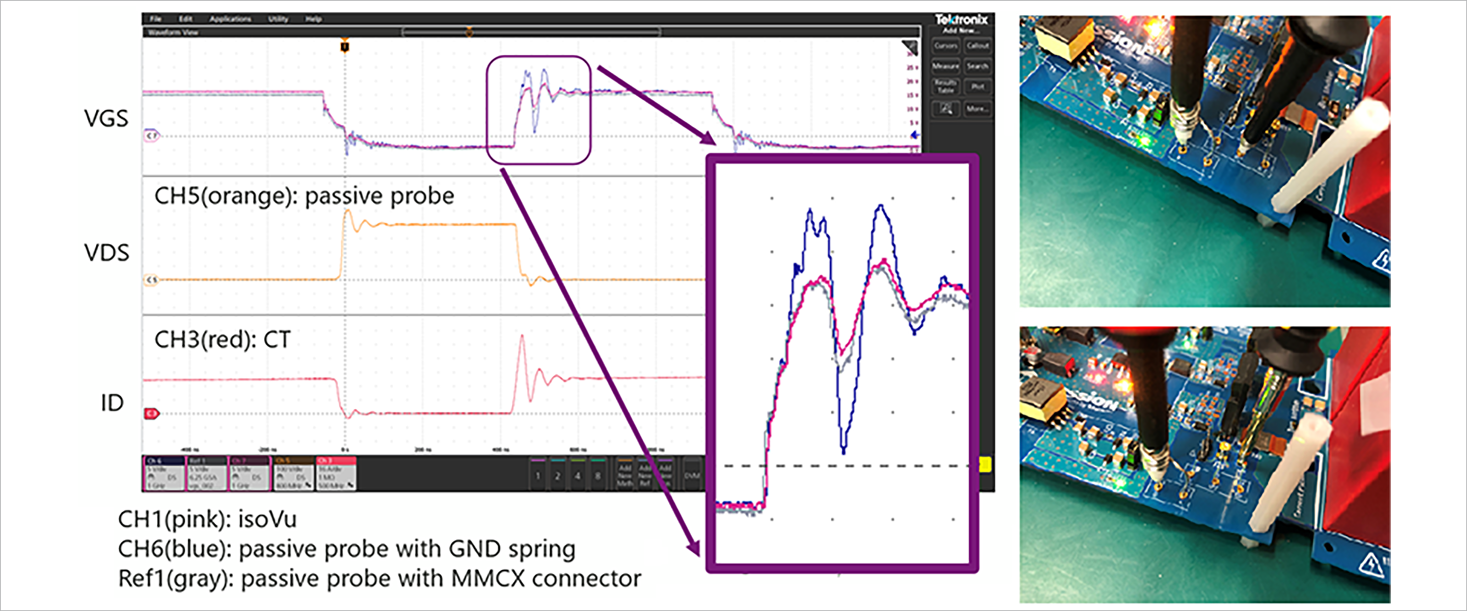 図4：パッシブプローブをGNDスプリング(右上)とMMCXコネクター(右下)で比較