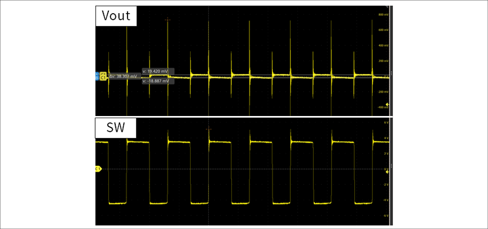 図3：リップル電圧波形（上）、スイッチング波形（下）