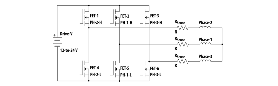 図1：巻線電流測定用の電流検出抵抗を備えた三相インバーターモーター駆動