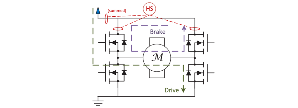 図9：ハイサイドセンサーを実装した駆動モードとブレーキモード中の電流の方向