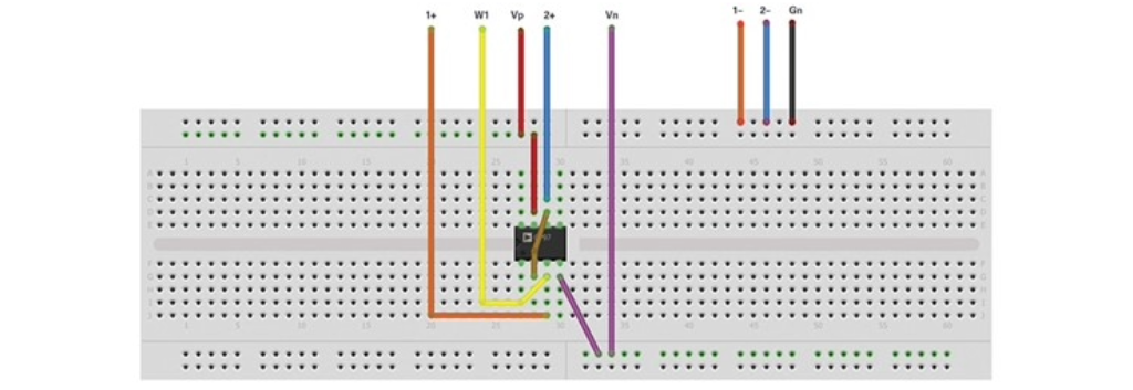 OP97を使ったユニティゲイン回路のブレッドボード接続例