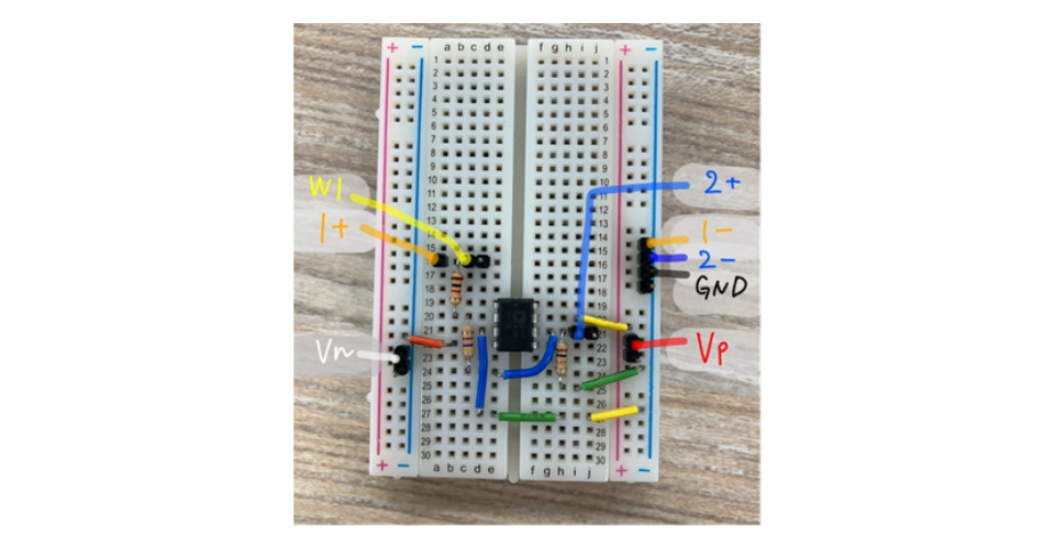 ADALM2000とOP97を使って実際に作成した反転増幅回路