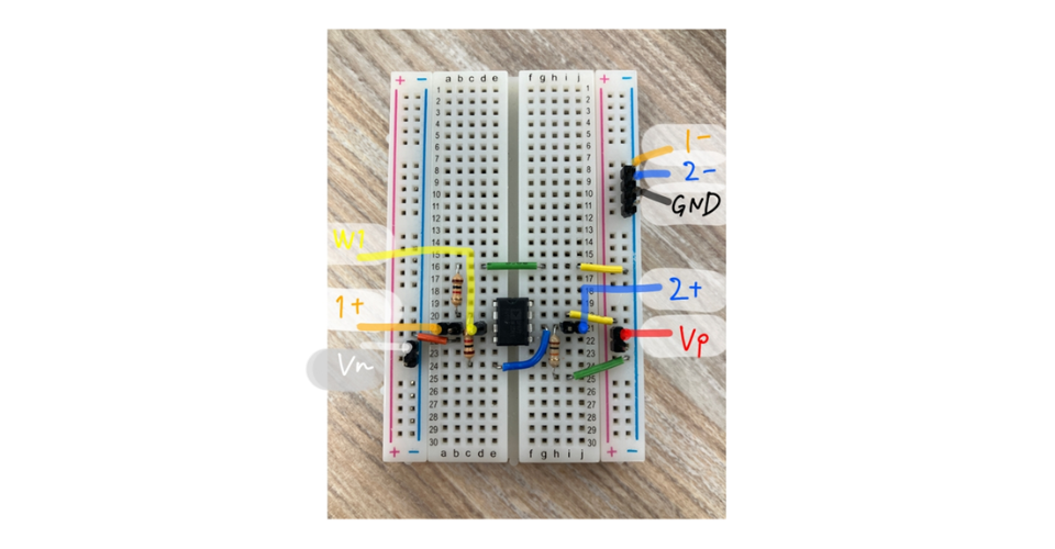 ADALM2000とOP97を使って実際に作成した非反転増幅回路