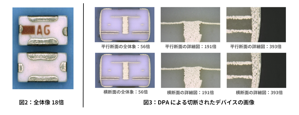 図2：全体像 18倍 / 図3：DPA による切断されたデバイスの画像