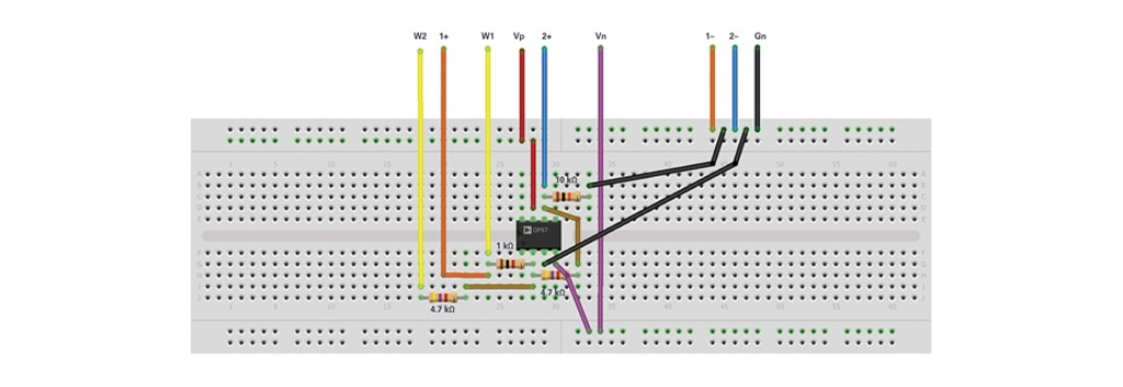 OP97を使った加算回路のブレッドボード接続例