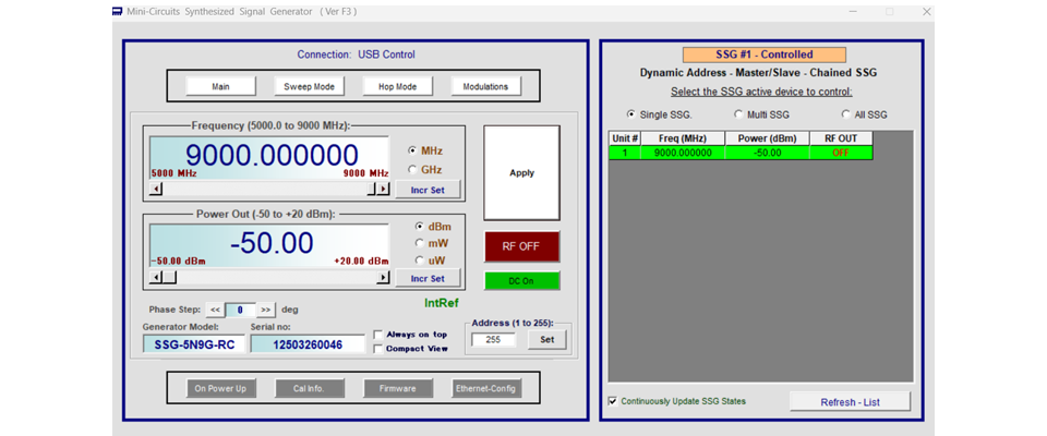 Mini-Circuits 社の専用 GUI 画面 