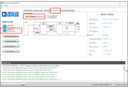 ループバック設定したADIN1100のGUI