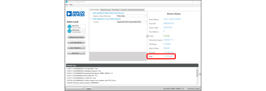 信号品質の診断機能を提供しているADINシリーズ評価ソフトGUI