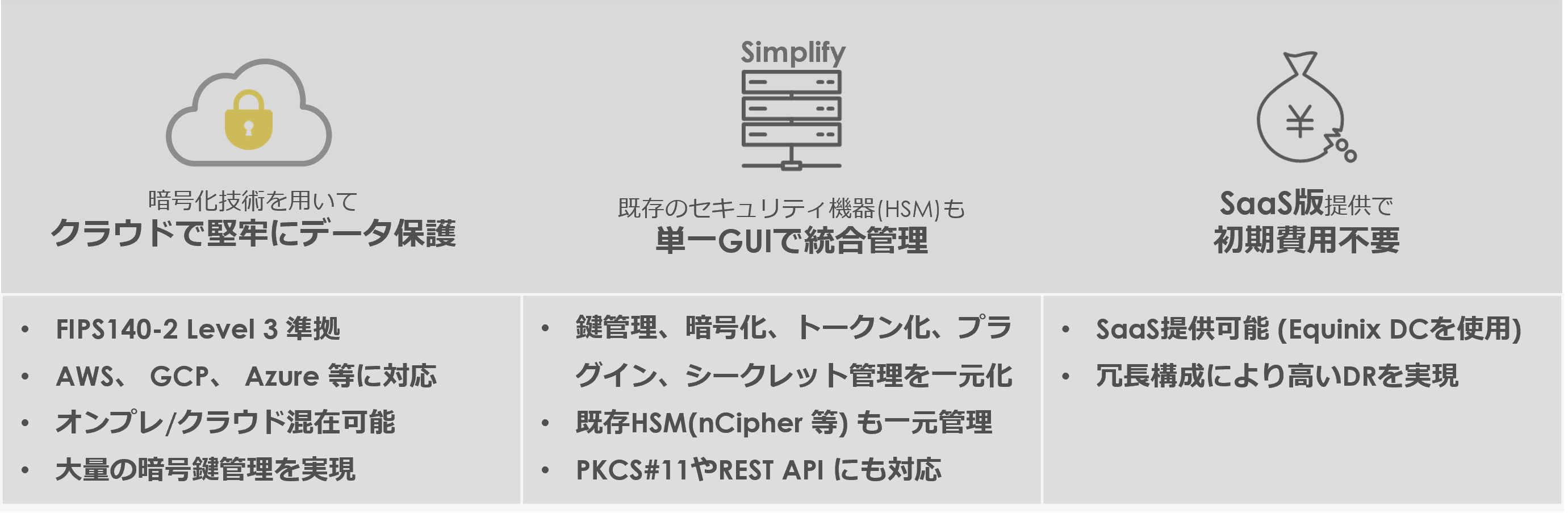 Compliant with FIPS140-2 Level 3 Compatible with AWS, GCP, Azure, etc. On-prem/cloud coexistence possible Realizes large-scale encryption key management. Centralize key management, encryption, tokenization, plugins, and secret management Existing HSM (nCipher, etc.) is also centrally managed Supports PKCS#11 and REST API. SaaS can be provided (using Equinix DC) Redundant configuration achieves high DR.